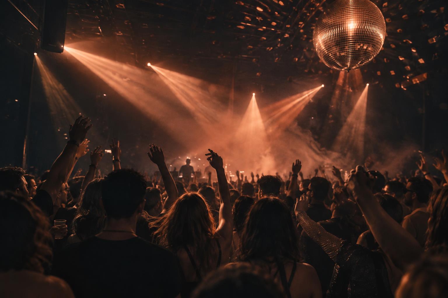 Público disfrutando de una fiesta bajo luces cálidas y una bola de espejos